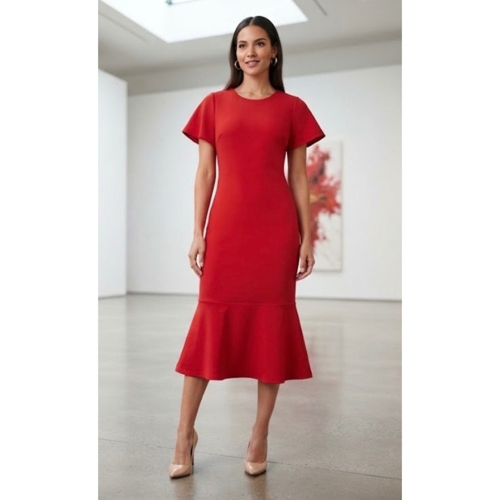Calvin Klein Red Flutter Sleeve Mermaid Hem Midi Dress Size 2 NWT